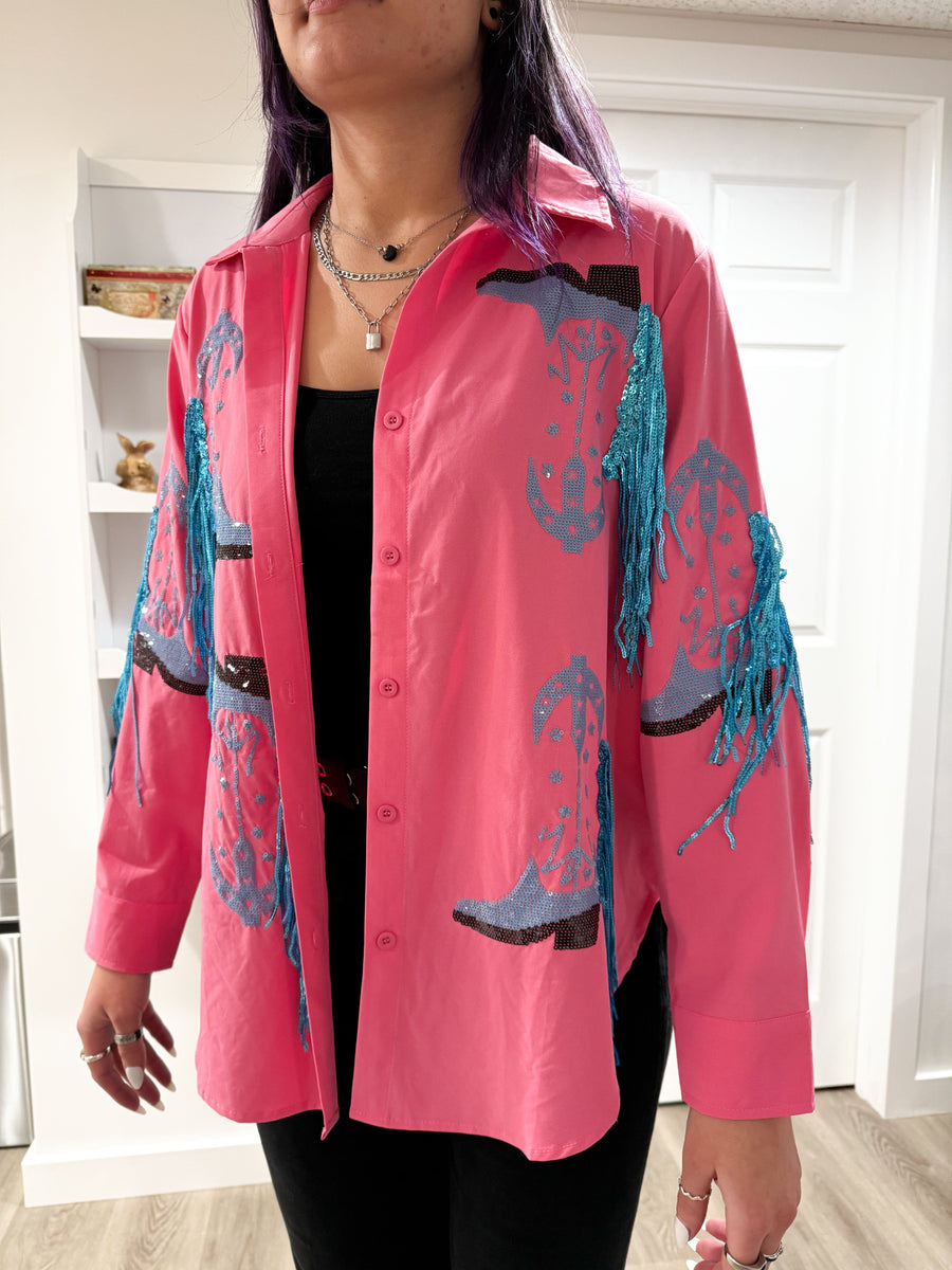 Hot Pink Western Cowboy Blue Fringe Boot Shirt