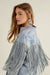 Blue Embroidered Western Fringe Button Up Shirt