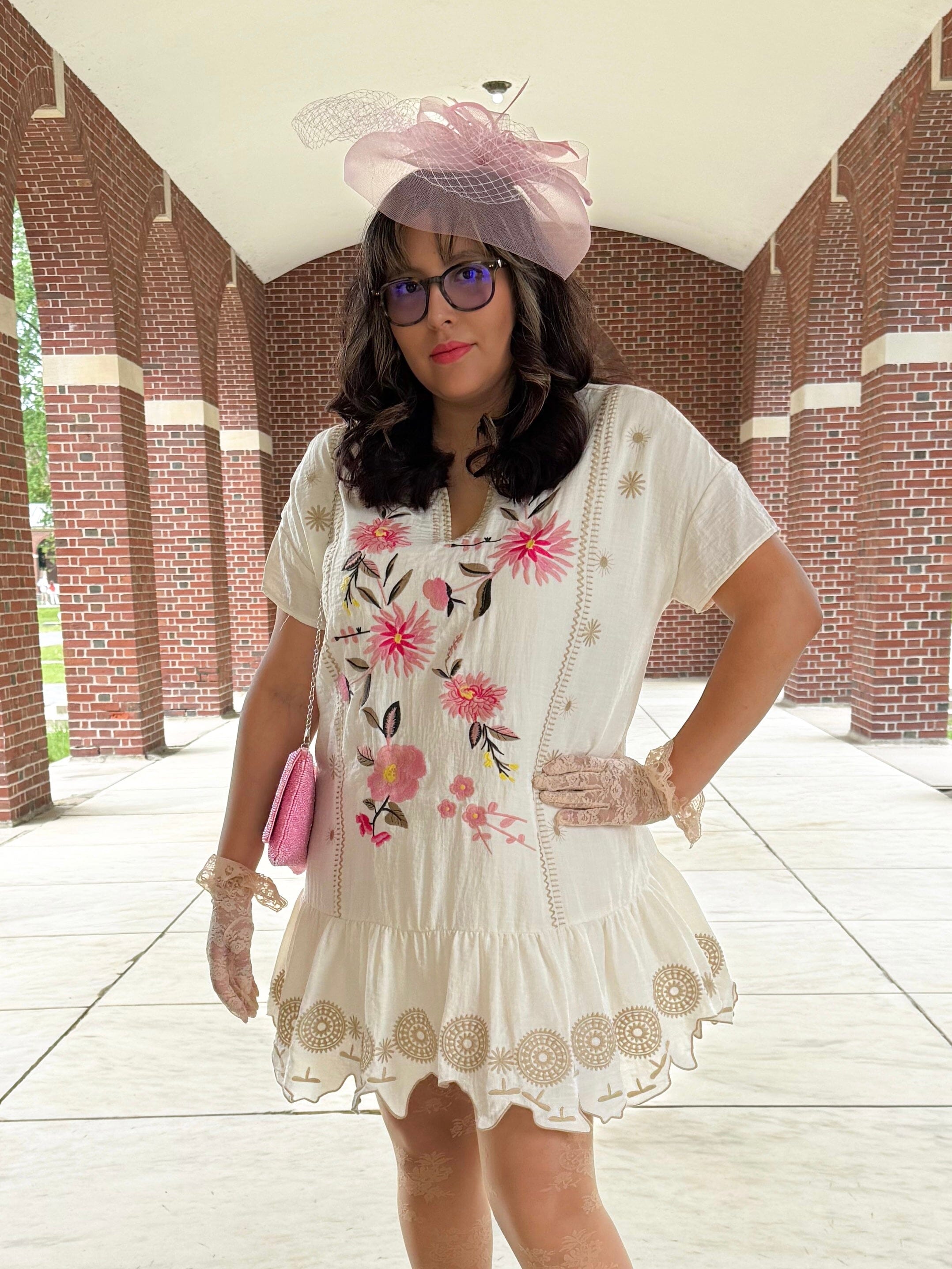 cream floral embroidered dress Antoinettes Floral Round Neck Ankle Gown