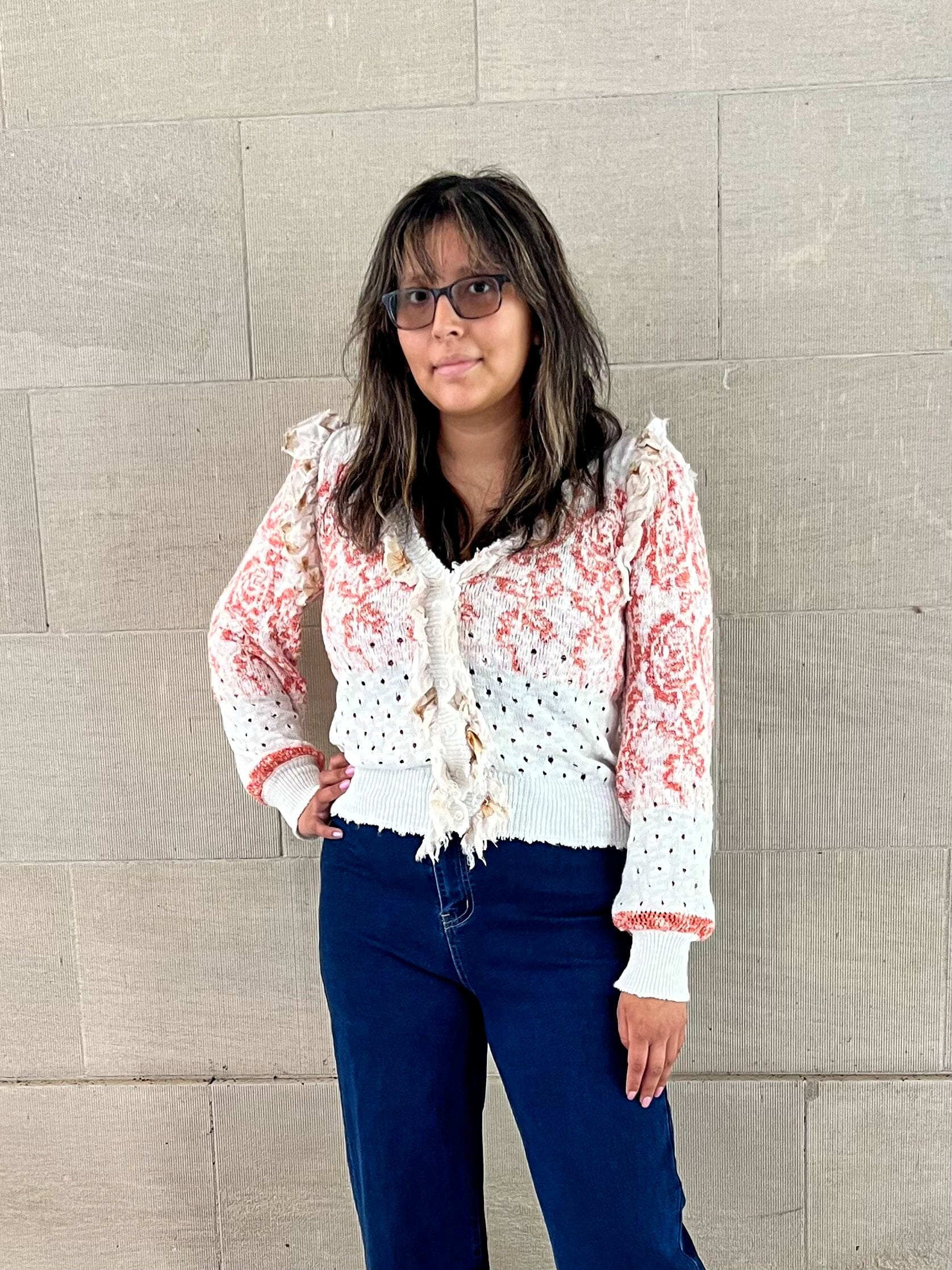 Fate Ivory Coral Ruffle Trimmed Cardigan Large