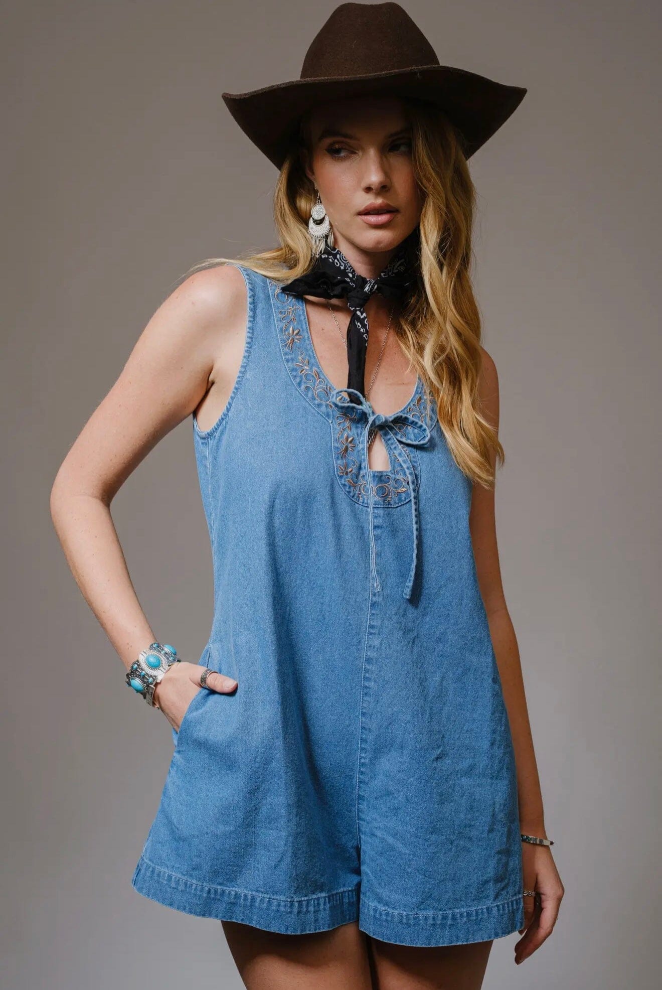 Light Wash Tie Front Embroidered Denim Romper